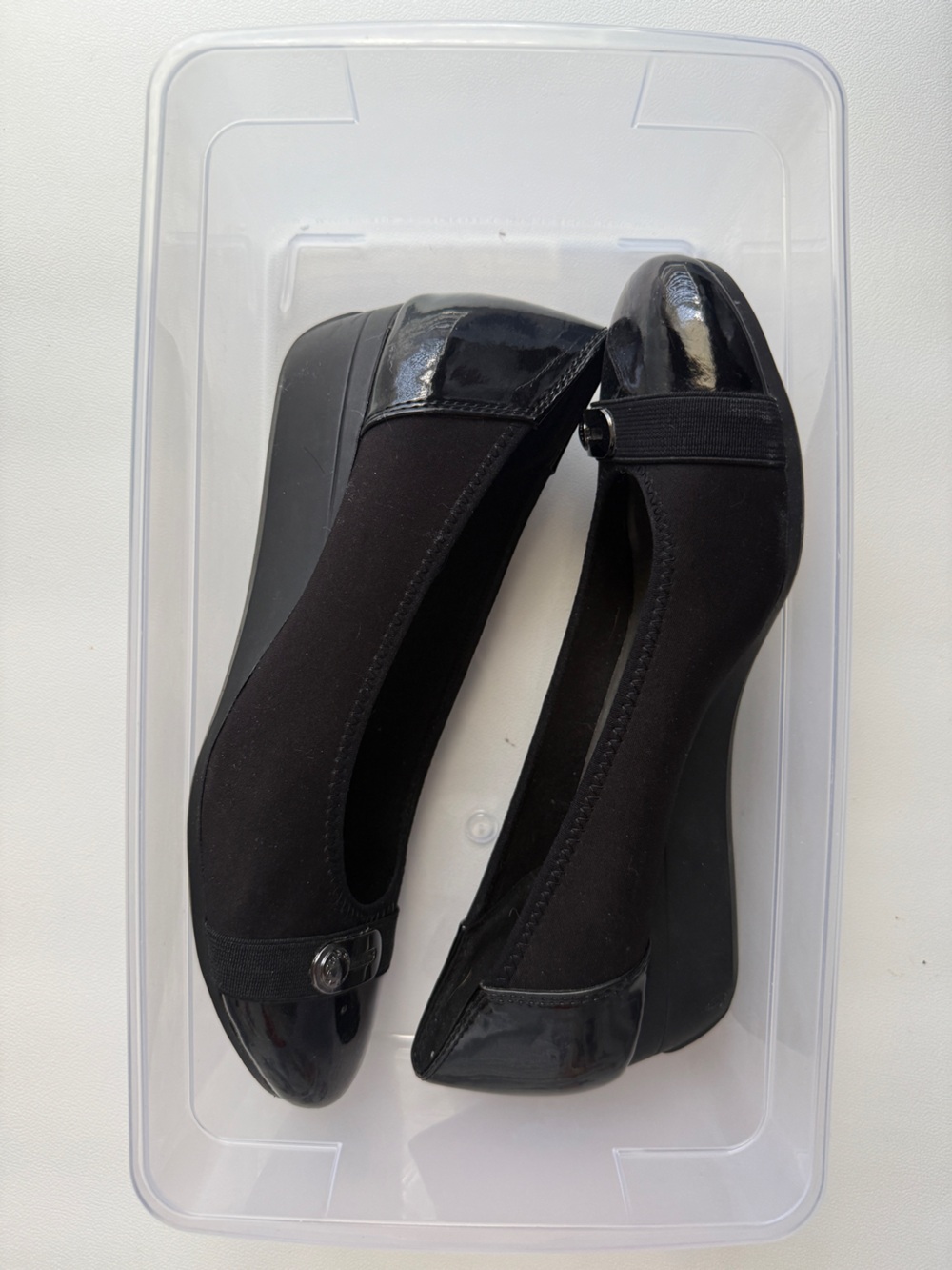Anne Klein Sport Black Fabric Patent Toe Wedge Flats Comfort Slip-On | GUC - Picture 2 of 9